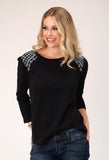 Roper Womens Long Sleeve Slub Jersey Top With Curved Front Yokes Top And Three Quarter Sleeves Embroidery - Roper