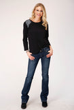 Roper Womens Long Sleeve Slub Jersey Top With Curved Front Yokes Top And Three Quarter Sleeves Embroidery - Roper