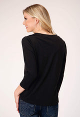 Roper Womens Long Sleeve Slub Jersey Top With Curved Front Yokes Top And Three Quarter Sleeves Embroidery - Roper - Flyclothing LLC