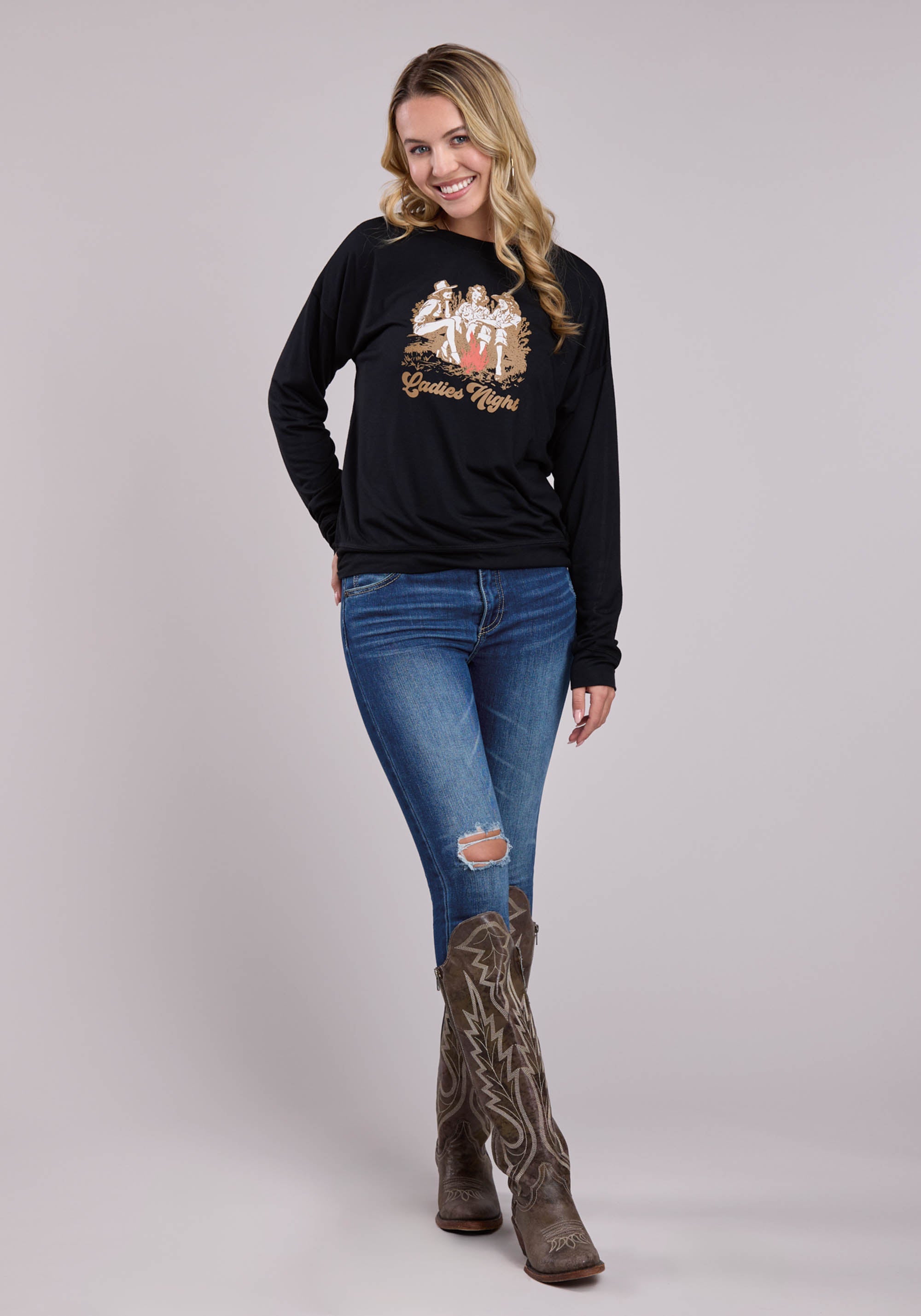 Roper Womens Long Sleeve Pullover Poly Rayon Jersey Tee Western Shirt