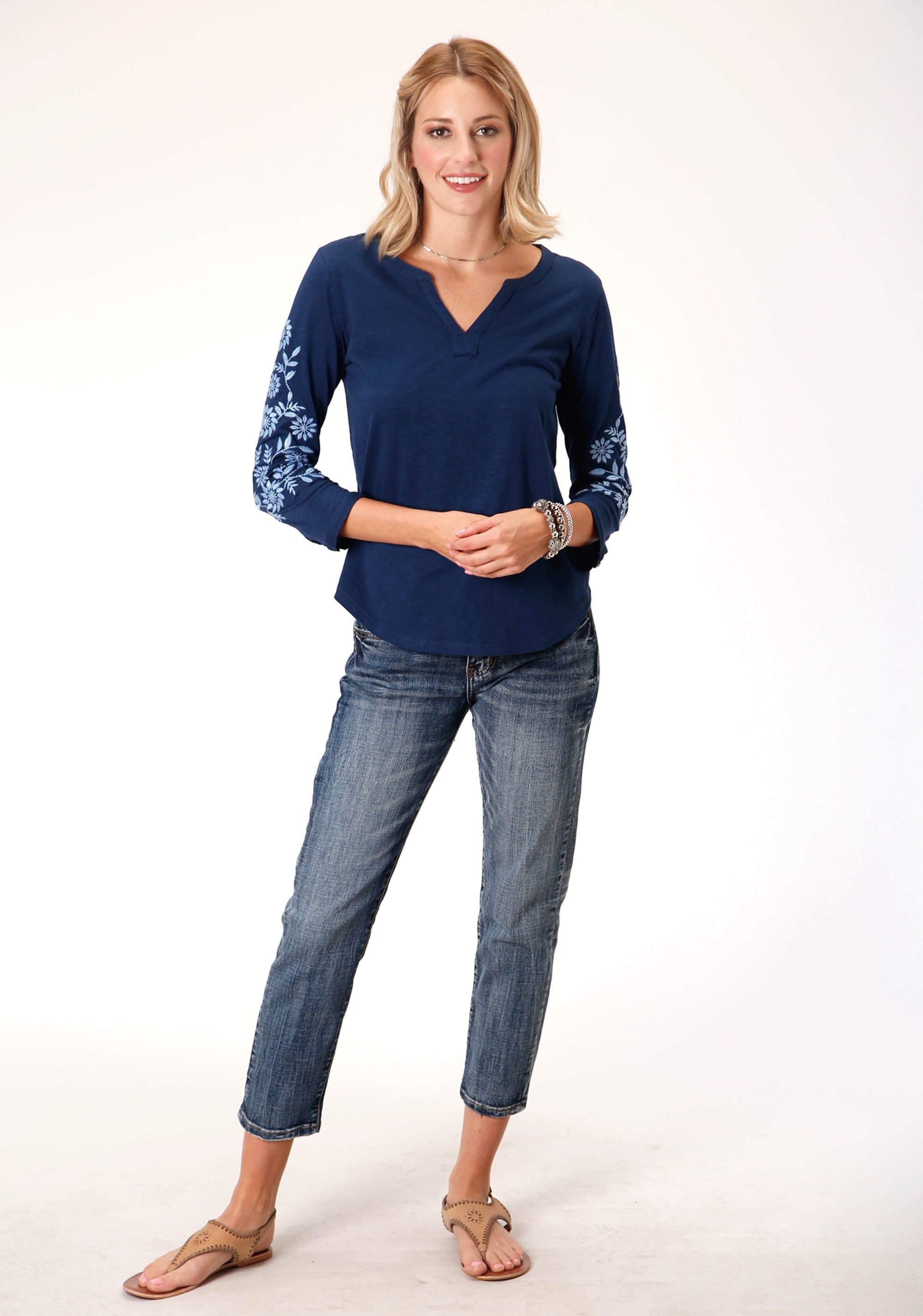 Roper Womens Long Sleeve Knit Cotton Slub Jersey Top - Roper