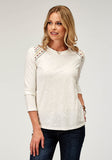Roper Womens Long Sleeve Cotton Slub Jersey Top With Scoop Neck Three Quarter Sleeves And Front Yokes Embroidery - Roper