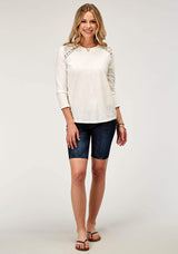 Roper Womens Long Sleeve Cotton Slub Jersey Top With Scoop Neck Three Quarter Sleeves And Front Yokes Embroidery - Roper - Flyclothing LLC