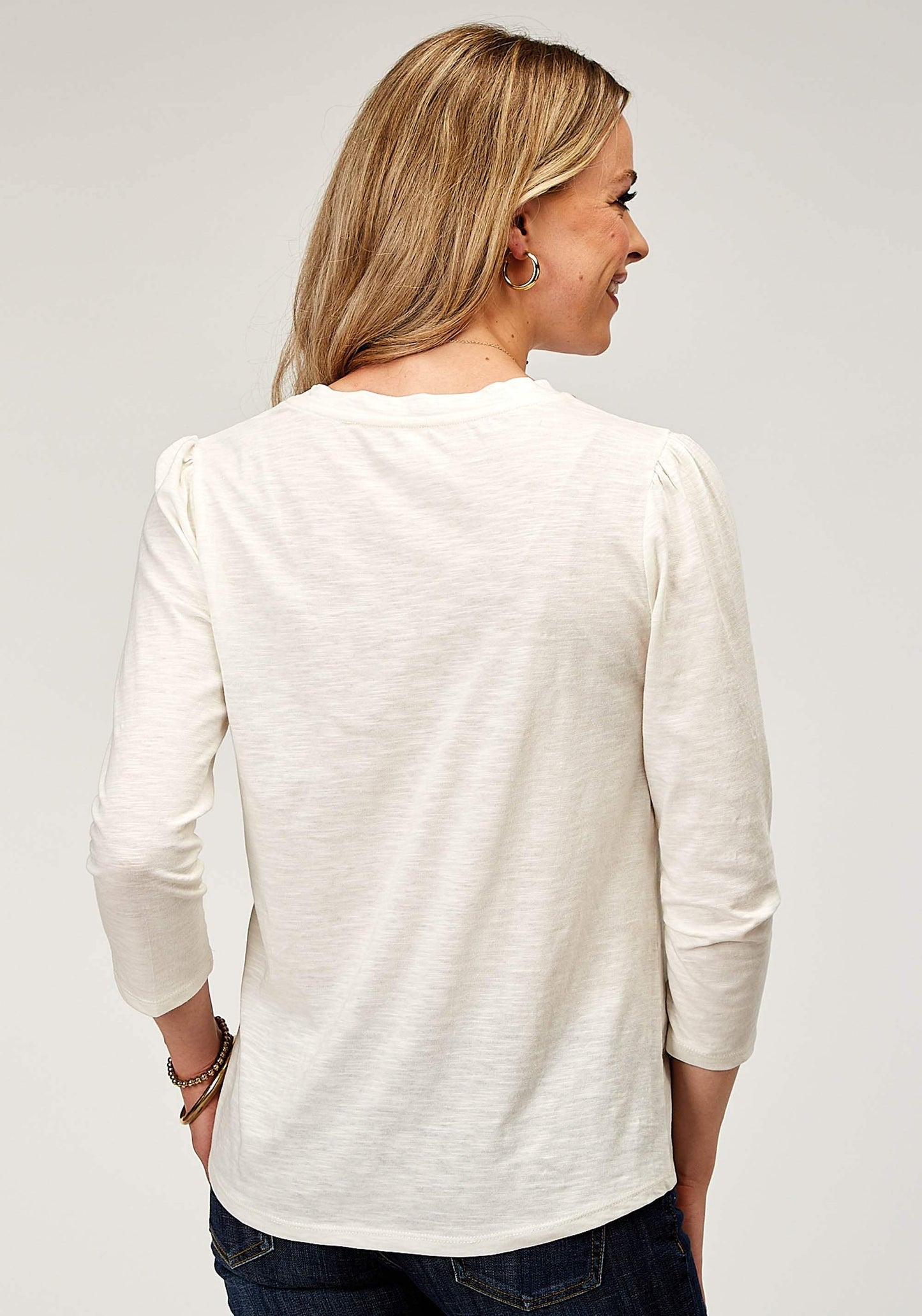 Roper Womens Long Sleeve Cotton Slub Jersey Top With Scoop Neck Three Quarter Sleeves And Front Yokes Embroidery - Roper - Flyclothing LLC