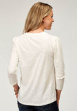 Roper Womens Long Sleeve Cotton Slub Jersey Top With Scoop Neck Three Quarter Sleeves And Front Yokes Embroidery - Roper