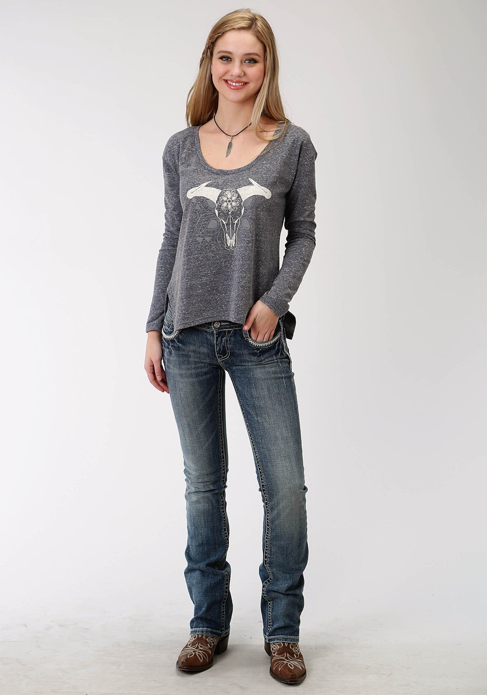 Roper Womens Blue Solid With Screen Print Long Sleeve Knit Top - Roper
