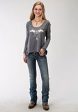 Roper Womens Blue Solid With Screen Print Long Sleeve Knit Top - Roper