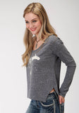 Roper Womens Blue Solid With Screen Print Long Sleeve Knit Top - Roper