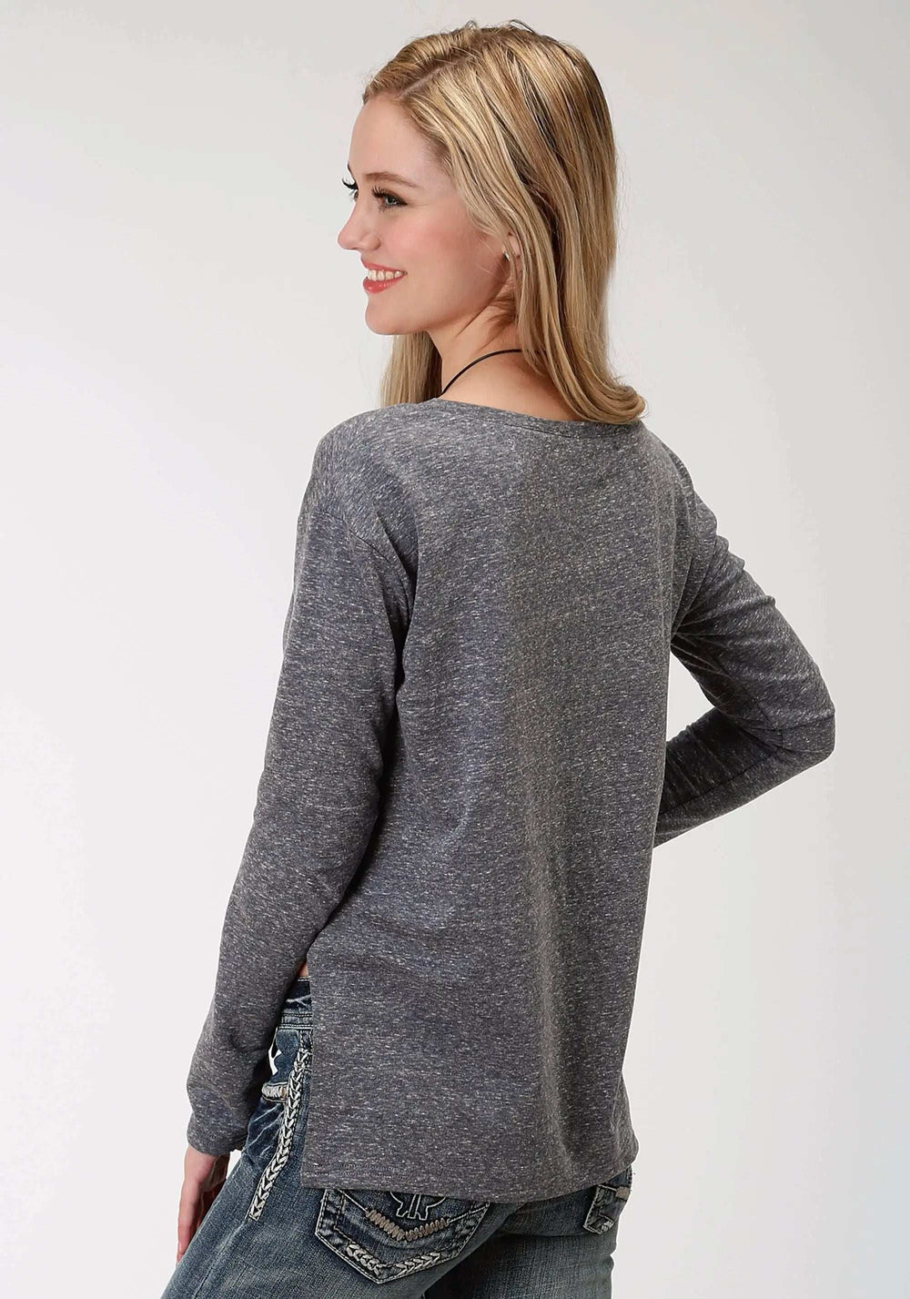 Roper Womens Blue Solid With Screen Print Long Sleeve Knit Top - Roper - Flyclothing LLC