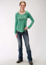 Roper Womens Green With Screen Print Cactus Long Sleeve Knit Top - Roper - Flyclothing LLC