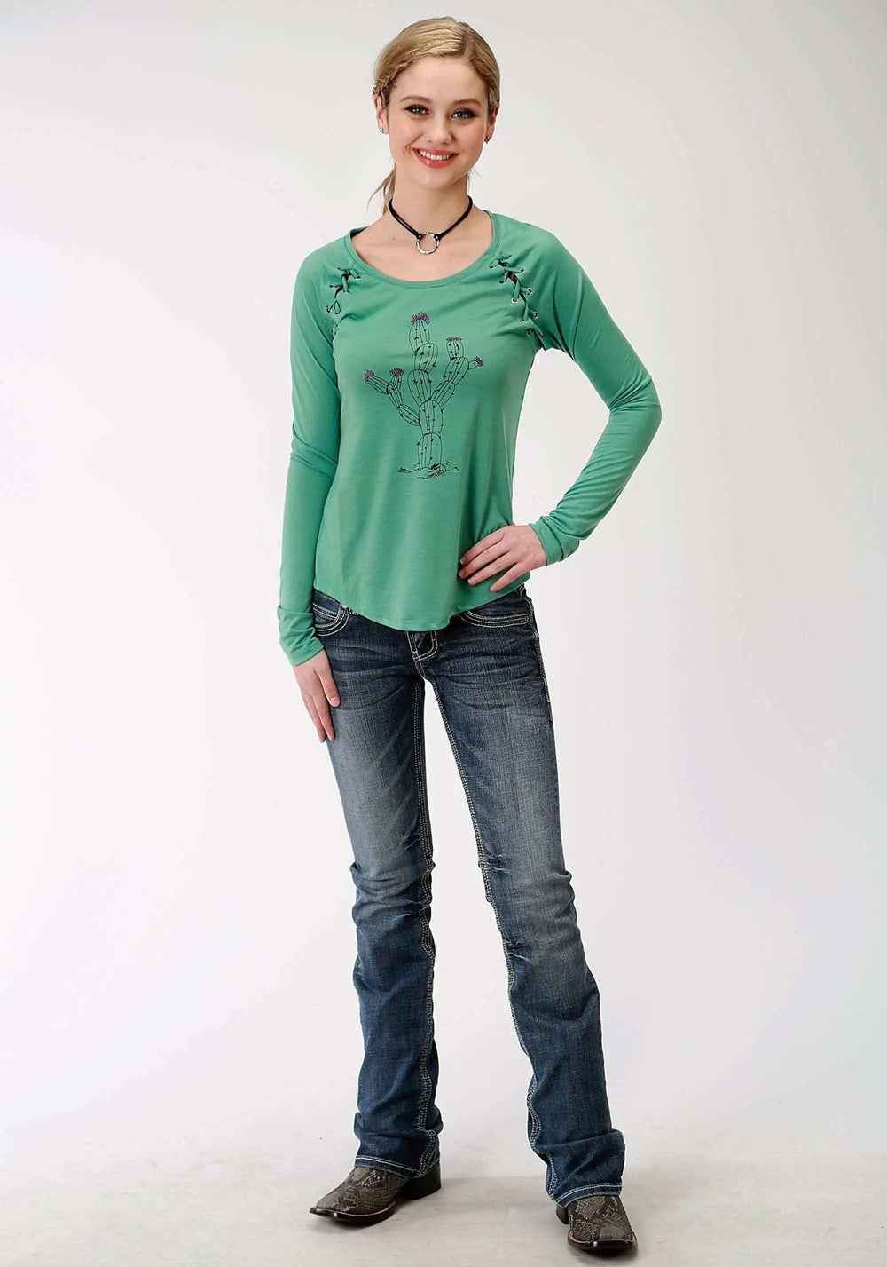 Roper Womens Green With Screen Print Cactus Long Sleeve Knit Top - Roper - Flyclothing LLC