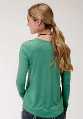 Roper Womens Green With Screen Print Cactus Long Sleeve Knit Top - Roper
