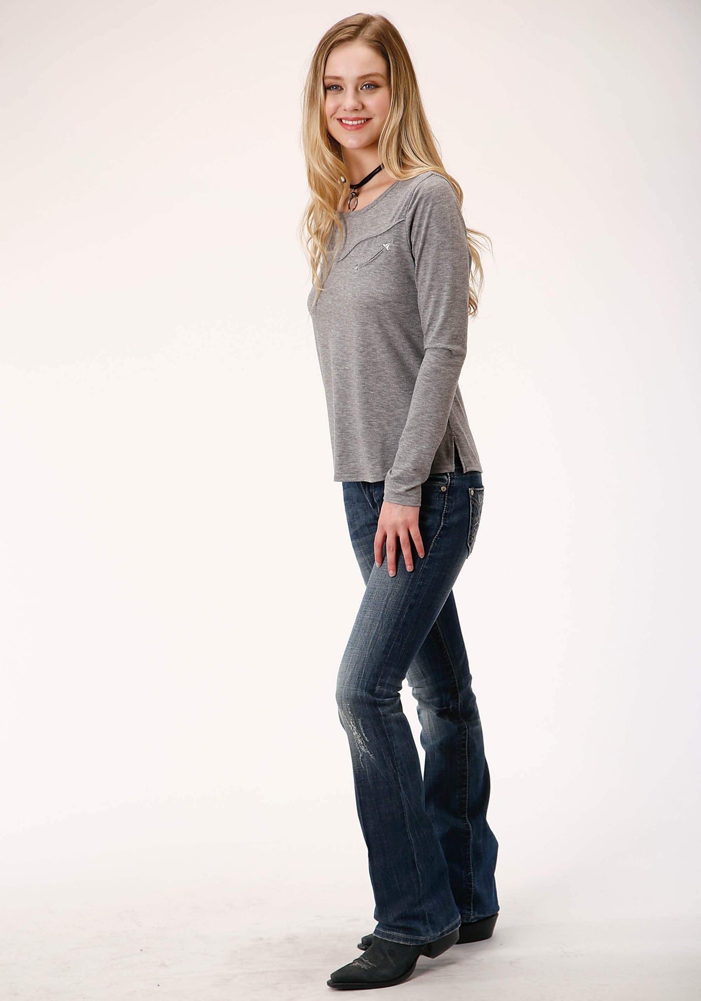 Roper Womens Gray With Smile Pocket Long Sleeve Knit Top - Roper - Flyclothing LLC
