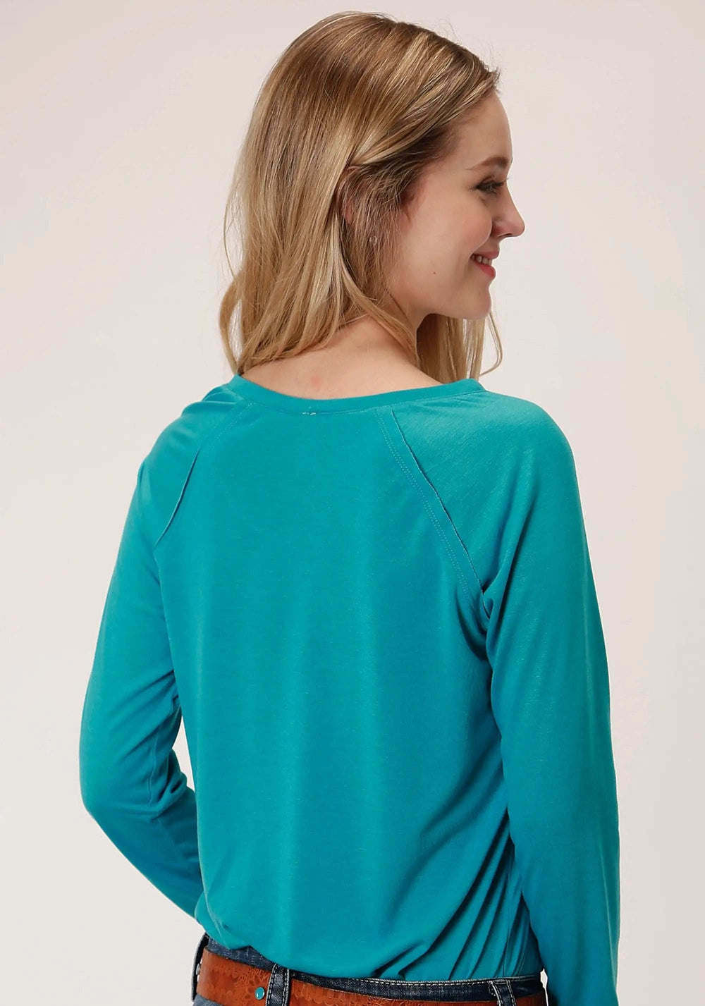 Roper Womens Turquoise With Cactus Screen Print Long Sleeve Knit Top - Roper - Flyclothing LLC