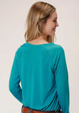 Roper Womens Turquoise With Cactus Screen Print Long Sleeve Knit Top - Roper
