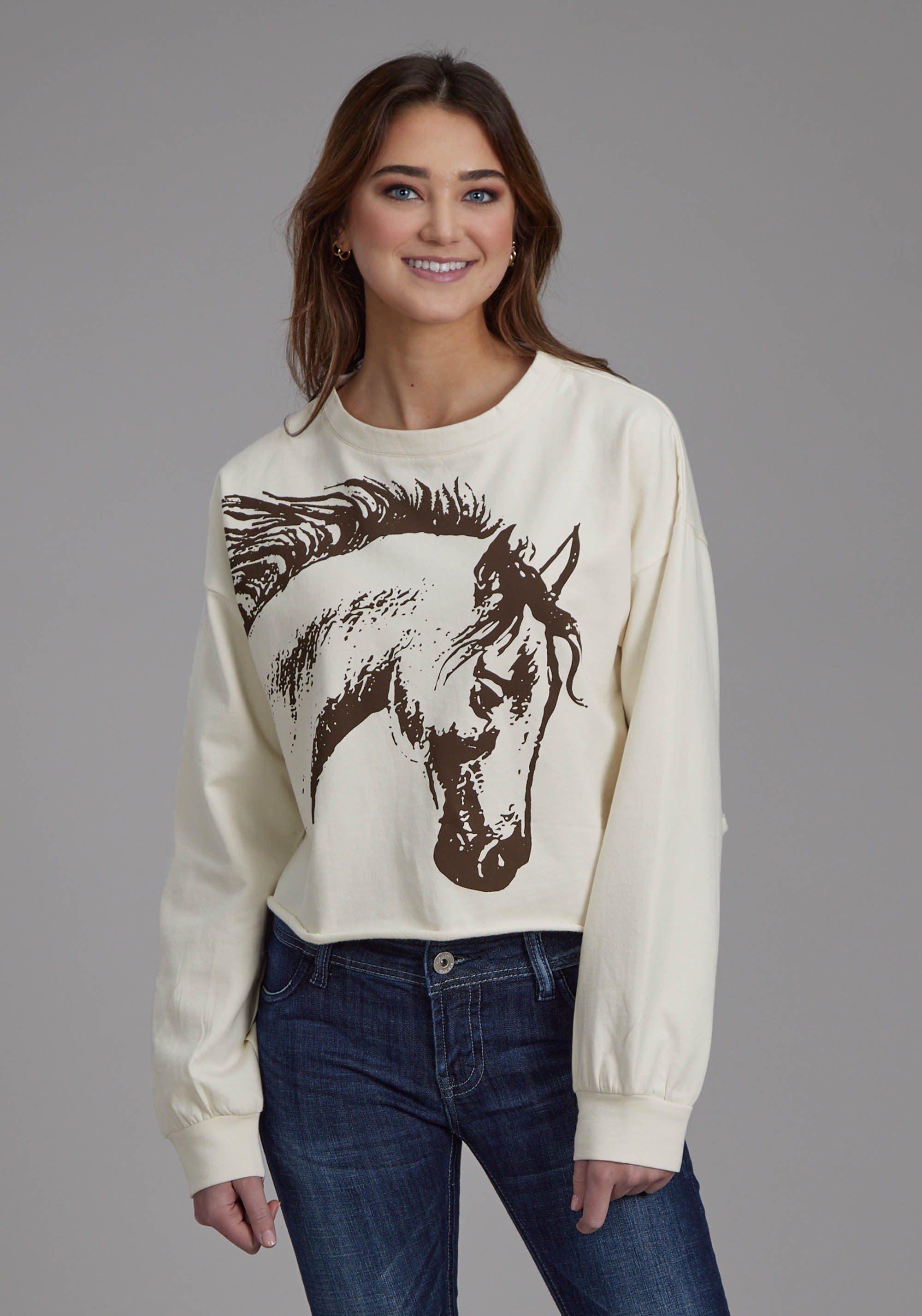 Roper Womens Cotton Fleece Crew Neck Pullover Long Sleeve Pullover Wes