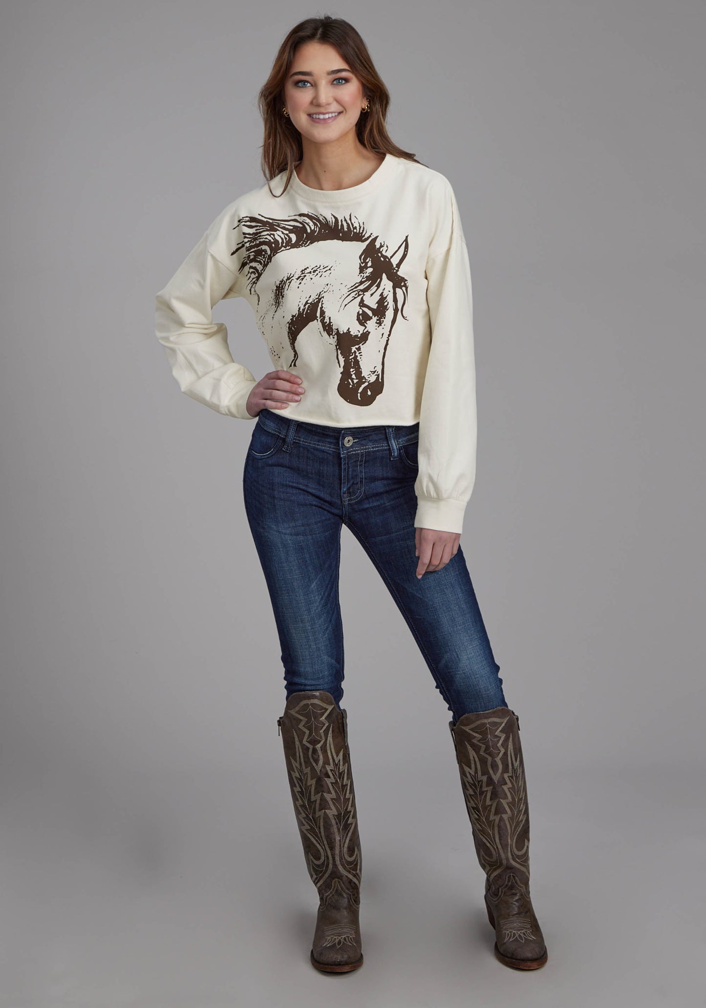 Roper Womens Cotton Fleece Crew Neck Pullover Long Sleeve Pullover Western Shirt