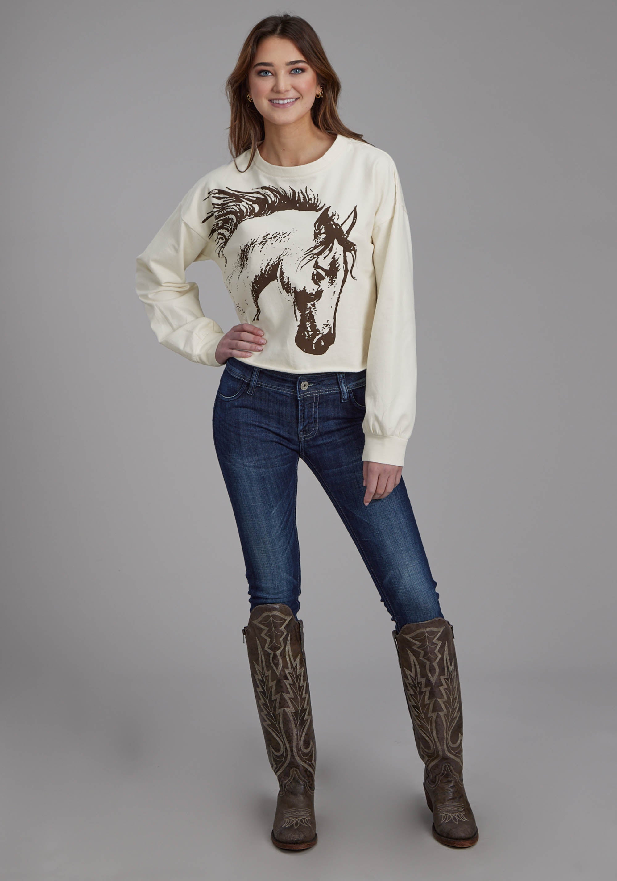 Roper Womens Cotton Fleece Crew Neck Pullover Long Sleeve Pullover Western Shirt