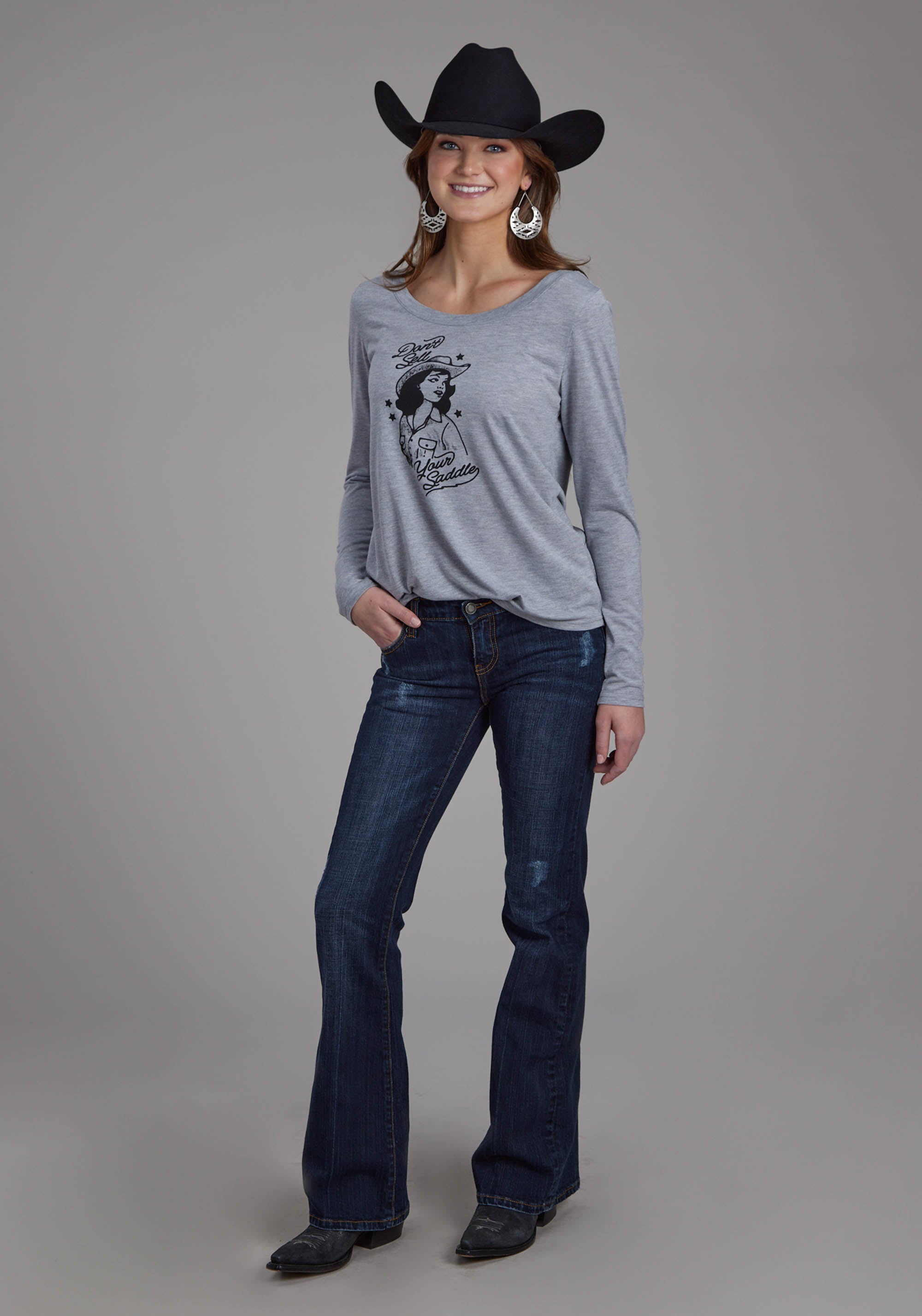 Roper Womens Poly Rayon Long Sleeve Jersey Tee Long Sleeve Pullover Western Shirt