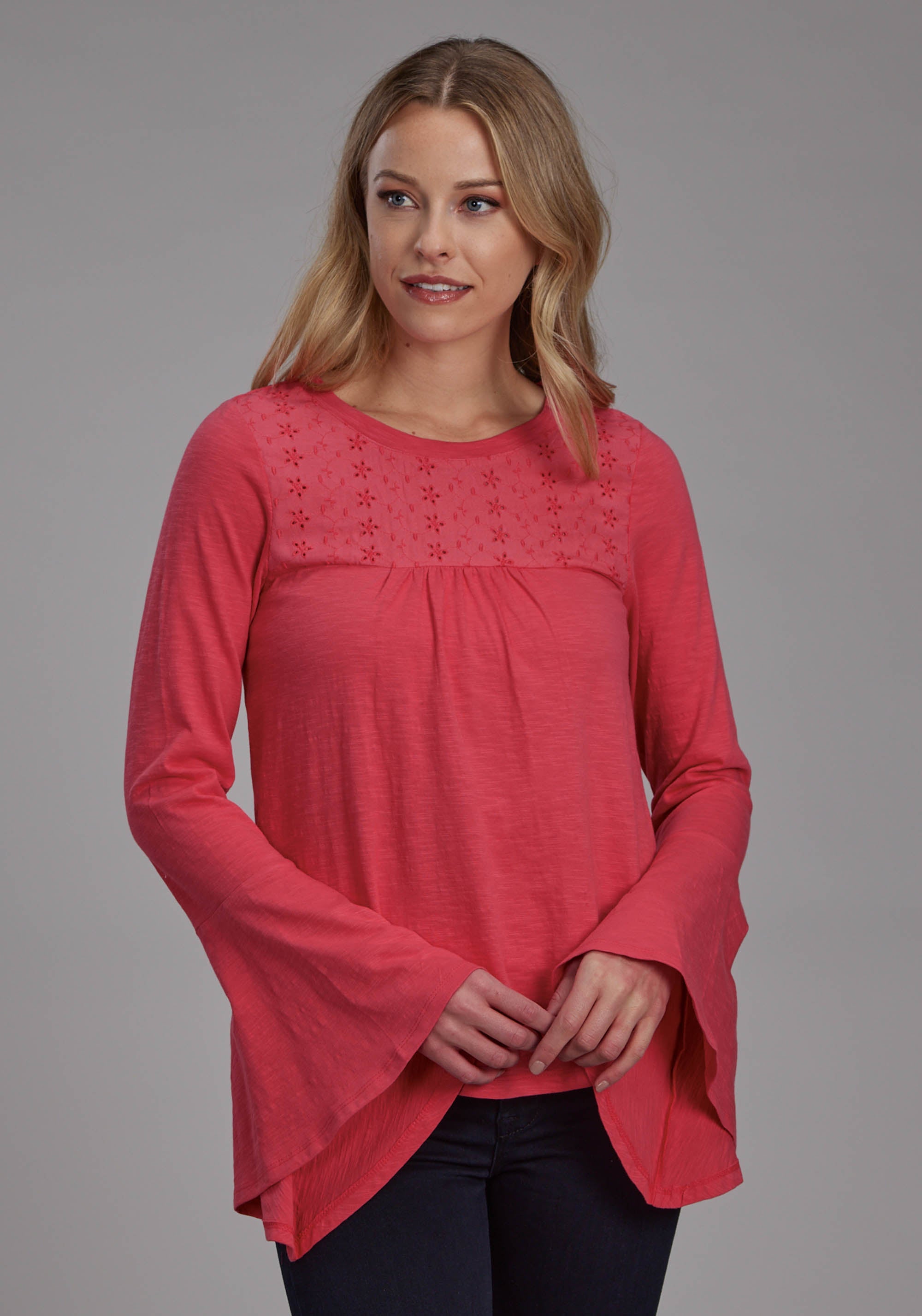 Roper Womens Red Slub Knit Jersey Peasant Top Long Sleeve Pullover Wes