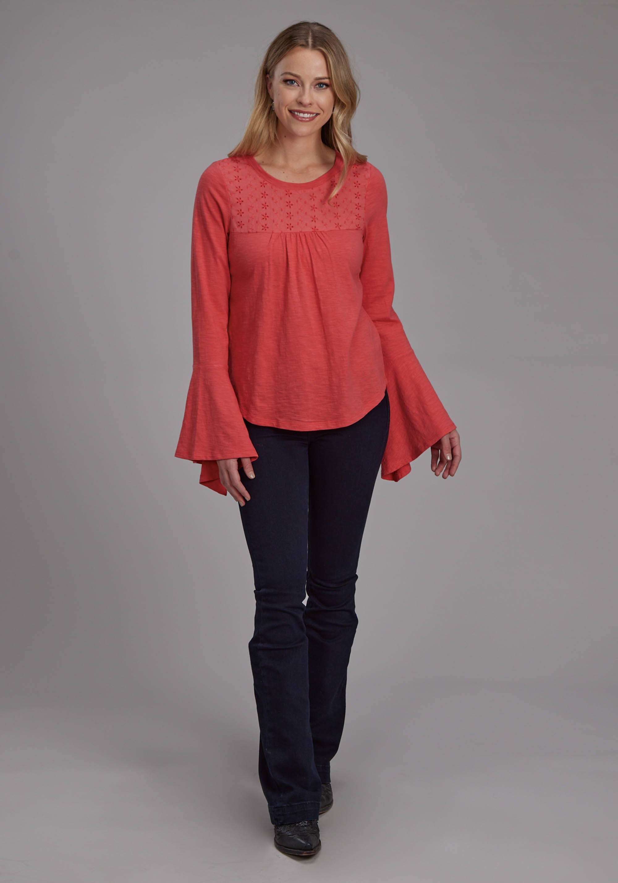 Roper Womens Red Slub Knit Jersey Peasant Top Long Sleeve Pullover Western Shirt