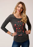 Roper Womens Heather Gray With Floral Embroidery Long Sleeve Knit Top - Roper