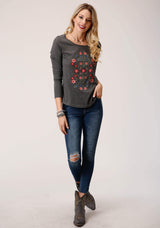 Roper Womens Heather Gray With Floral Embroidery Long Sleeve Knit Top - Roper - Flyclothing LLC