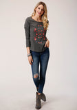 Roper Womens Heather Gray With Floral Embroidery Long Sleeve Knit Top - Roper