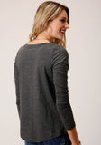 Roper Womens Heather Gray With Floral Embroidery Long Sleeve Knit Top - Roper