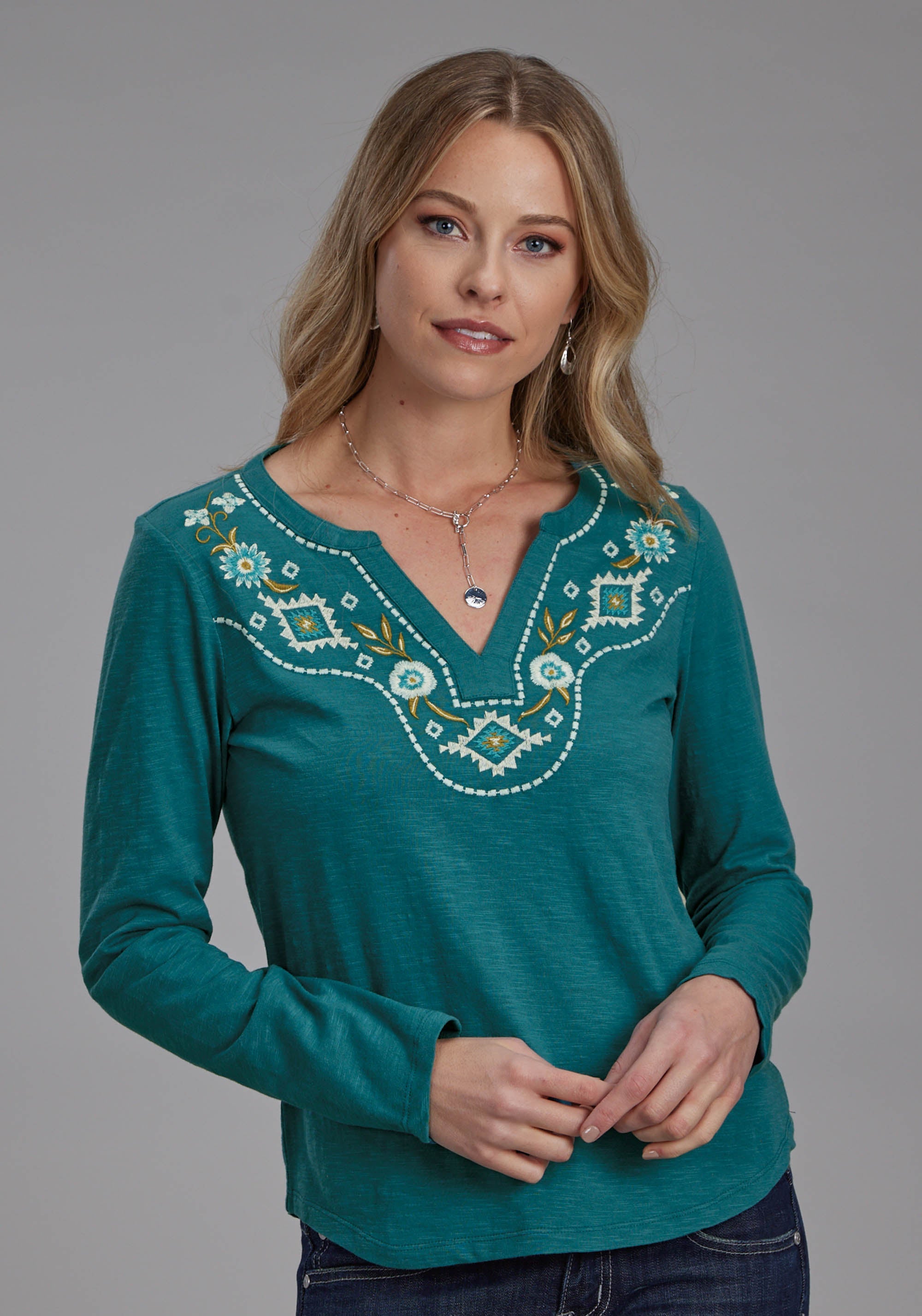 Roper Womens Cotton Slub Jersey Tee Shirt Long Sleeve Pullover Western