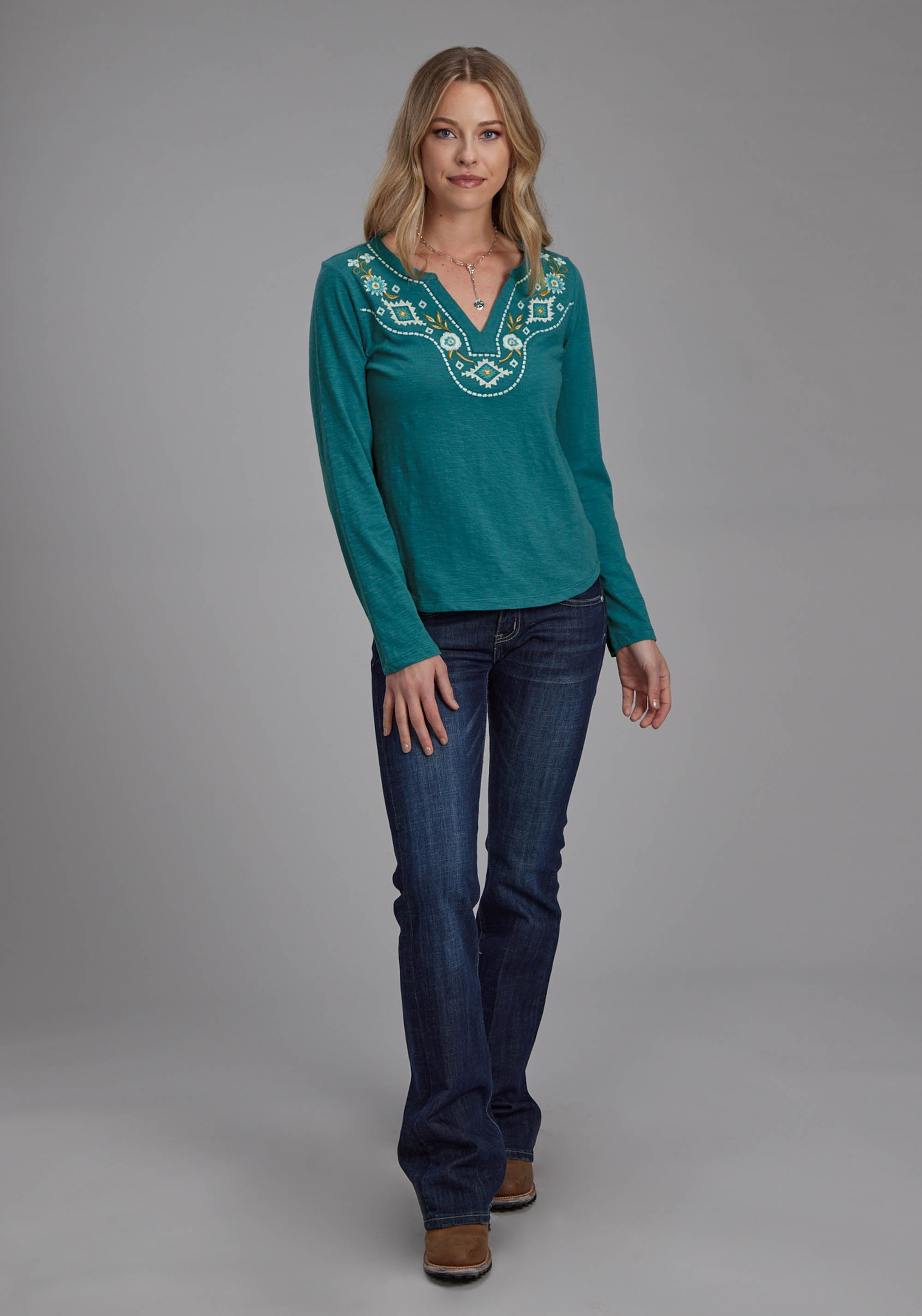 Roper Womens Cotton Slub Jersey Tee Shirt Long Sleeve Pullover Western Shirt