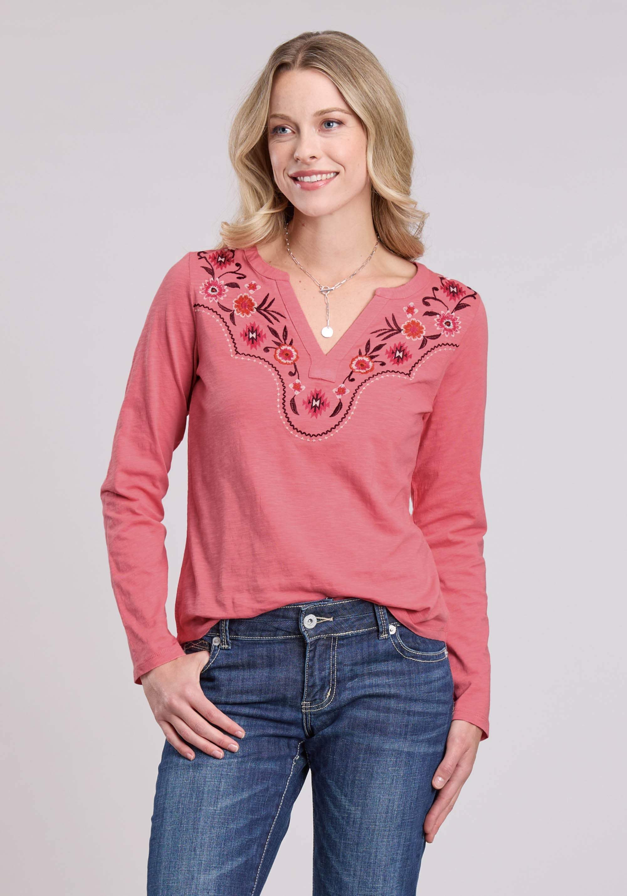 Roper Womens Long Sleeve Pullover Pink Slub Cotton Jersey T-shirt Western Shirt - Roper - Flyclothing LLC