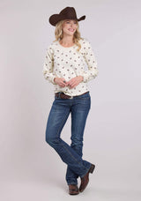 Roper Womens Long Sleeve Pullover Cream Cotton Fleece Sweatshirt Top Western Shir - Roper - Flyclothing LLC