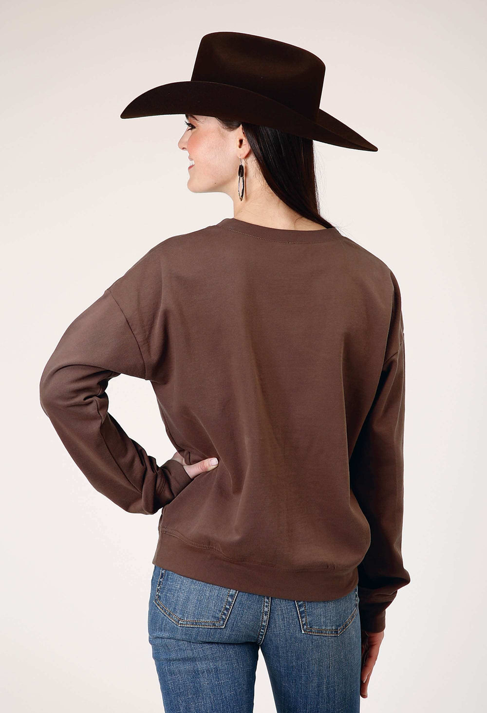 Roper Womens Long Sleeve Dark Brown Cotton Fleece Top With Crew Neck Screen Print Decoration - Roper - Flyclothing LLC