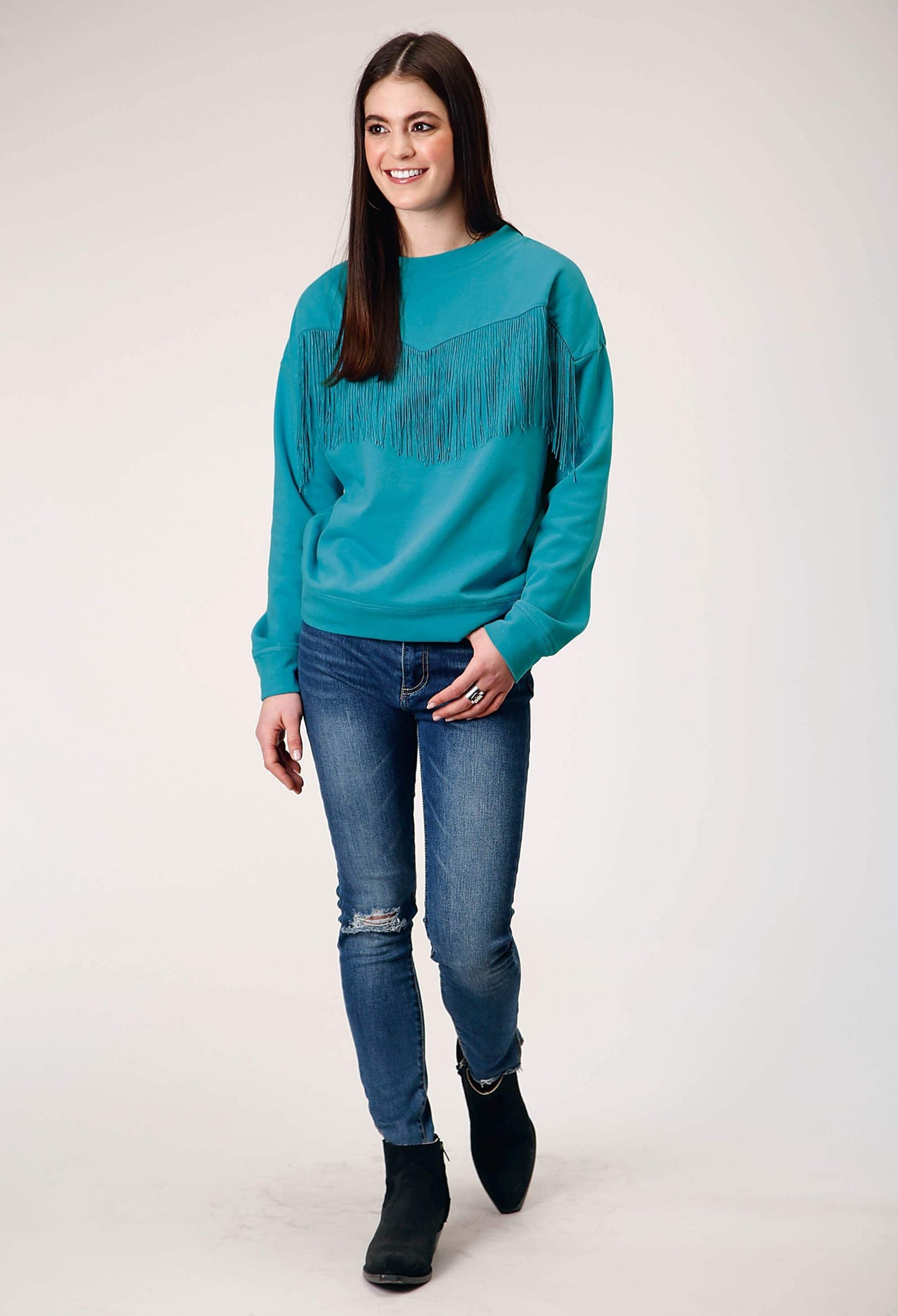 Roper Womens Long Sleeve Cotton Fleece Crew Neck Top With Matching Poly Fringe Center Front - Roper - Flyclothing LLC