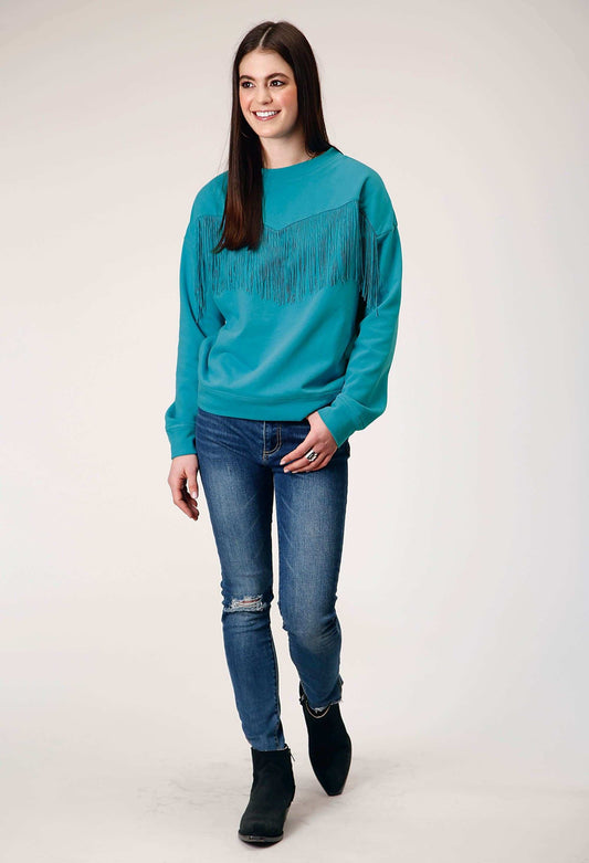 Roper Womens Long Sleeve Cotton Fleece Crew Neck Top With Matching Poly Fringe Center Front - Roper - Flyclothing LLC