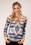 Roper Womens Long Sleeve Sweater Knit Top With Allover Sublimation Print - Roper