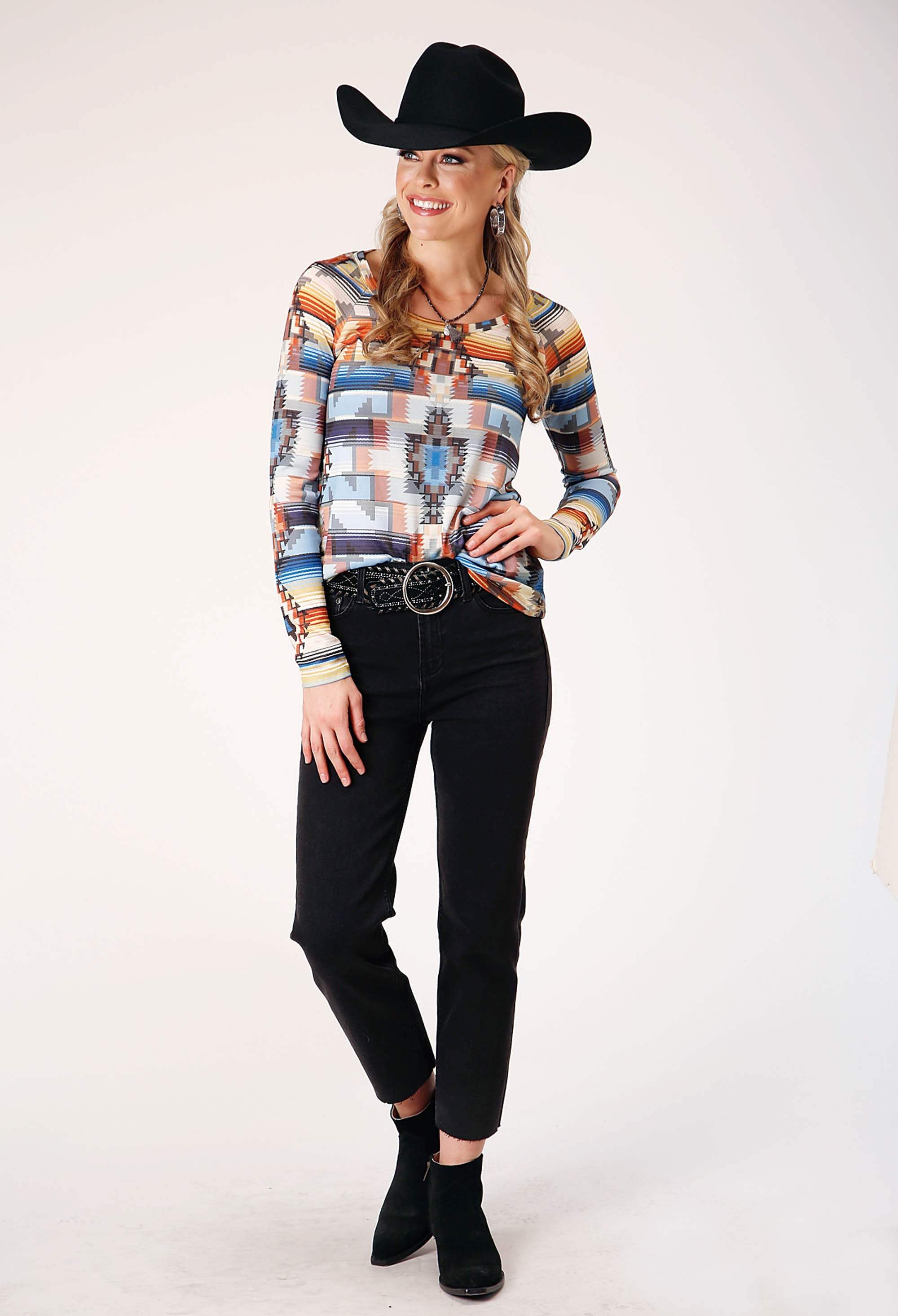 Roper Womens Long Sleeve Sweater Knit Top With Allover Sublimation Print - Roper - Flyclothing LLC