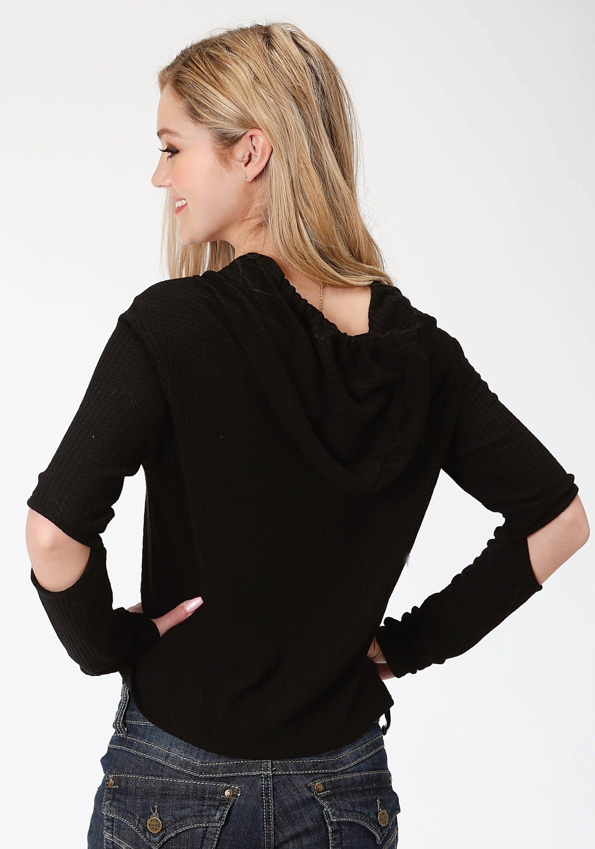 Roper Womens Black Solid Long Sleeve Knit Top - Roper