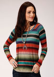 Roper Womens Turquoise Orange And Black Stripe Long Sleeve Knit Top - Roper