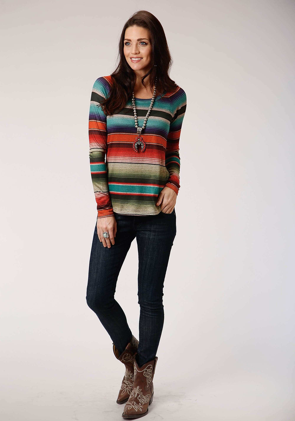 Roper Womens Turquoise Orange And Black Stripe Long Sleeve Knit Top - Roper - Flyclothing LLC