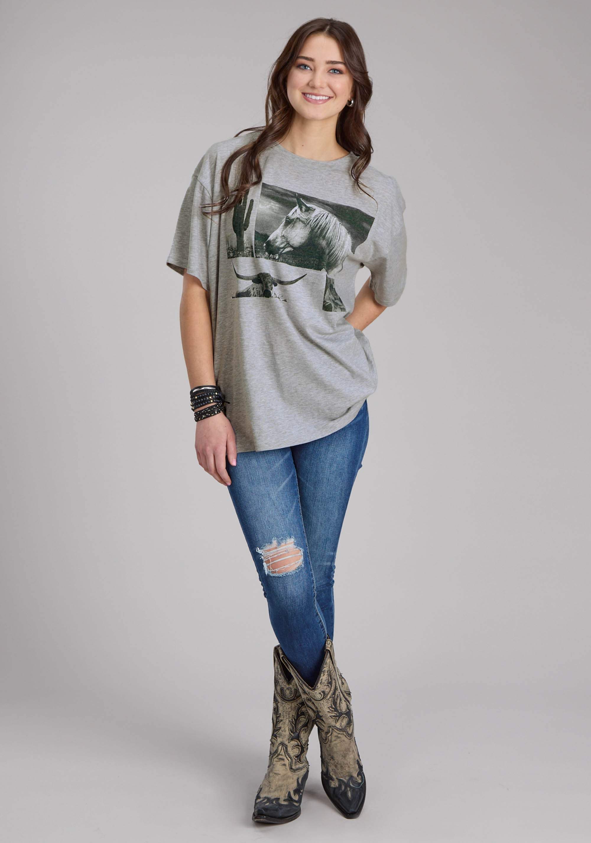 Roper Womens Heather Gray Jersey Knit Tee Short Sleeve Pullover Western Shirt - Roper - Flyclothing LLC