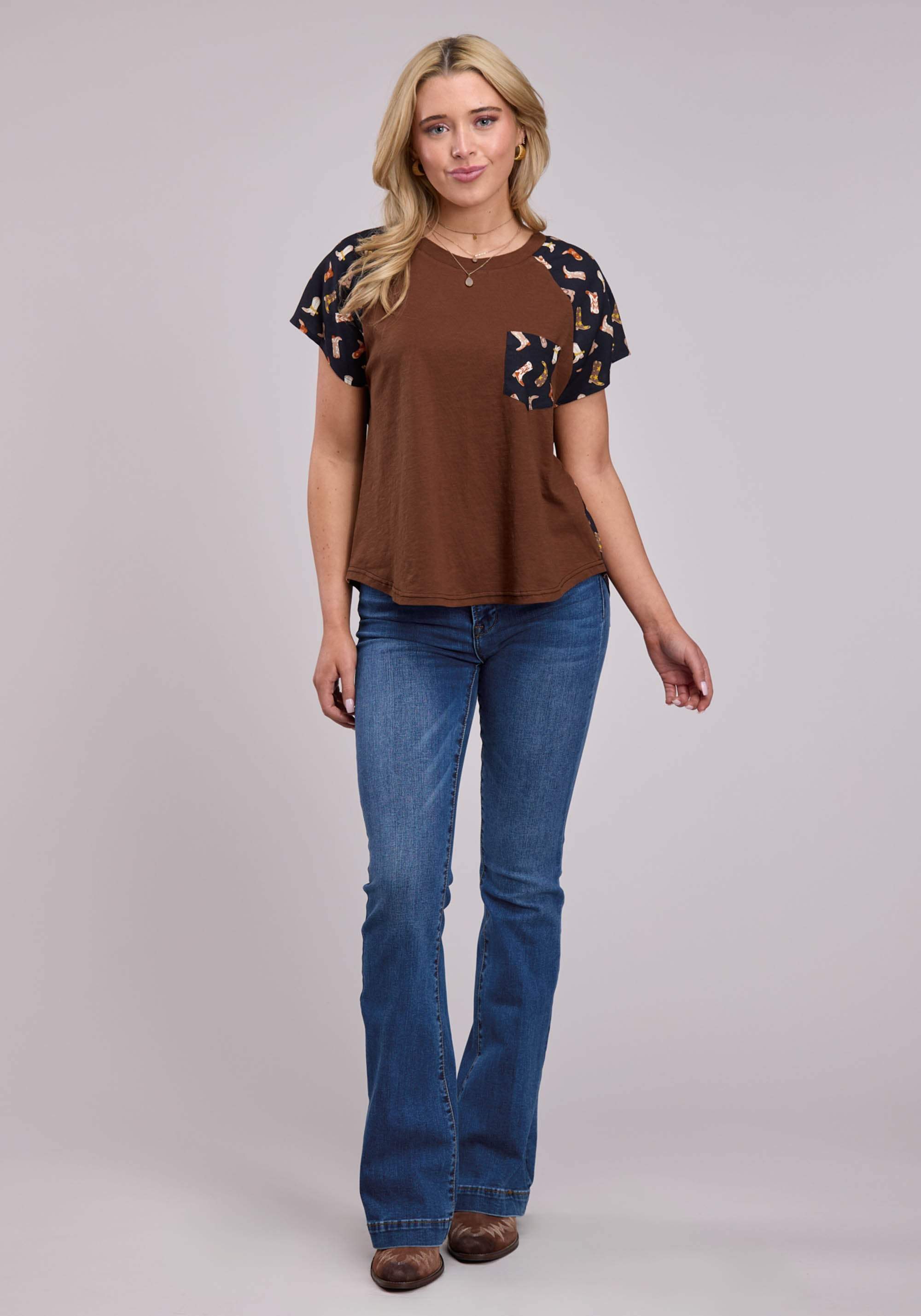Roper Womens Short Sleeve Pullover Ss Combo Fabric Tee Shirtr Western Shirt - Roper - Flyclothing LLC