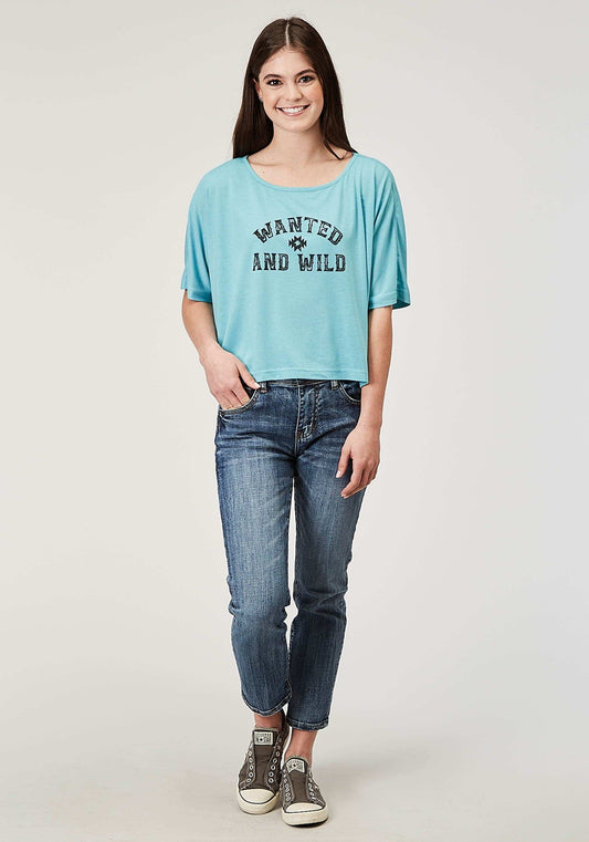 Roper Womens Short Sleeve Light Blue Poly Rayon Crop Swing Tee With Oversized Fit Dolman Sleeve Screen Print - Roper - Flyclothing LLC
