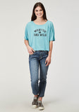 Roper Womens Short Sleeve Light Blue Poly Rayon Crop Swing Tee With Oversized Fit Dolman Sleeve Screen Print - Roper