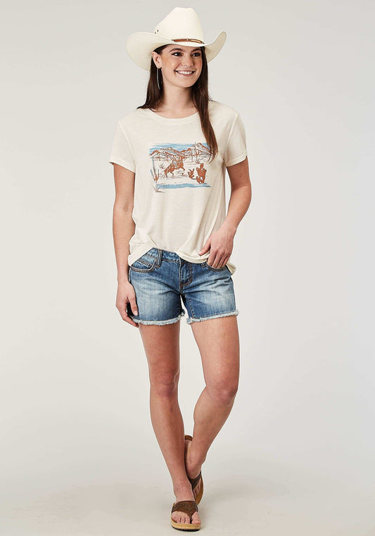 Roper Womens Short Sleeve Cream Poly Rayon Tee With Screen Print Decoration - Roper - Flyclothing LLC