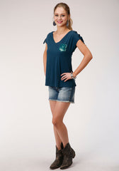 Roper Womens Blue With Sequin Pocket Detail Short Sleeve Knit Top - Roper