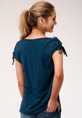 Roper Womens Blue With Sequin Pocket Detail Short Sleeve Knit Top - Roper