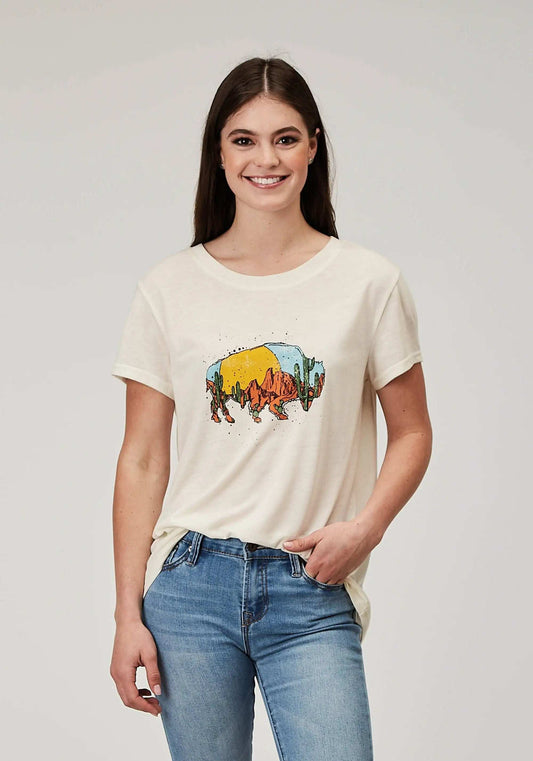 Roper Womens Short Sleeve Cream Poly Rayon Tee With Screen Print Decoration - Roper - Flyclothing LLC