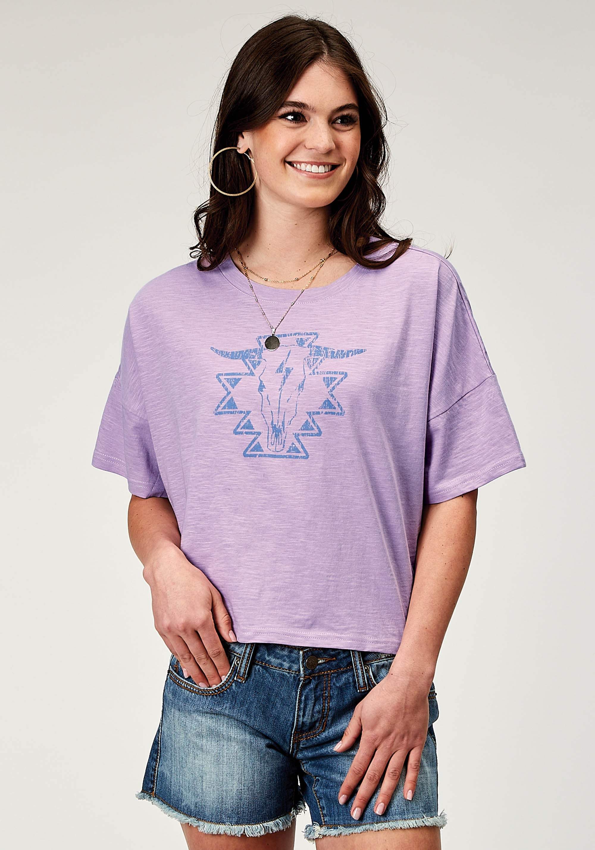 Roper Womens Short Sleeve Lilac Cotton Jersey Slub Tee With Oversized Cropped Screen Print Decoration - Roper - Flyclothing LLC